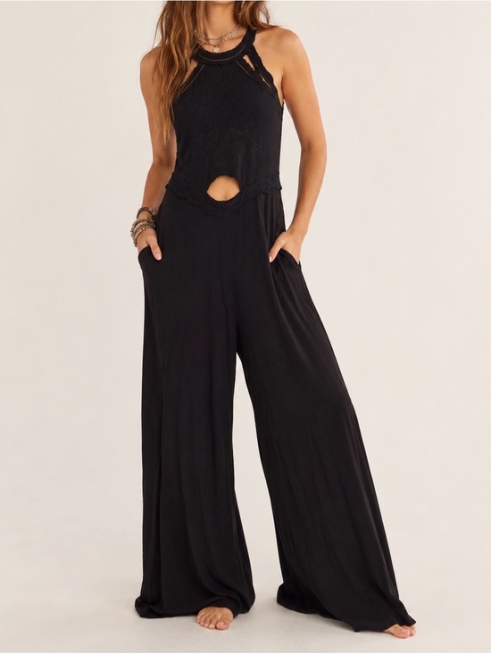 Free People Pants - Free People Vintage Black Wide Leg Jumpsuit with Embroidery and Cut Out - Size S